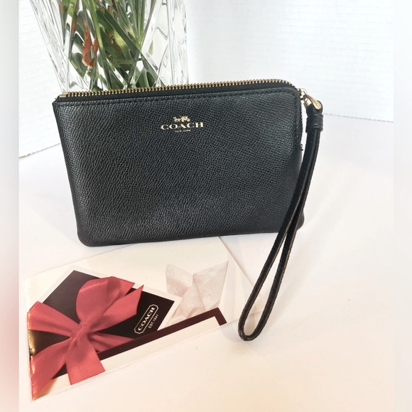 COACH Corner Zip Wristlet Wallet Crossgrain Leather Black w Brass Zipper - Picture 7 of 10